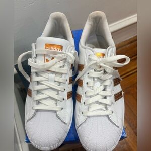adidas White Sneakers with Metallic Copper Stripes